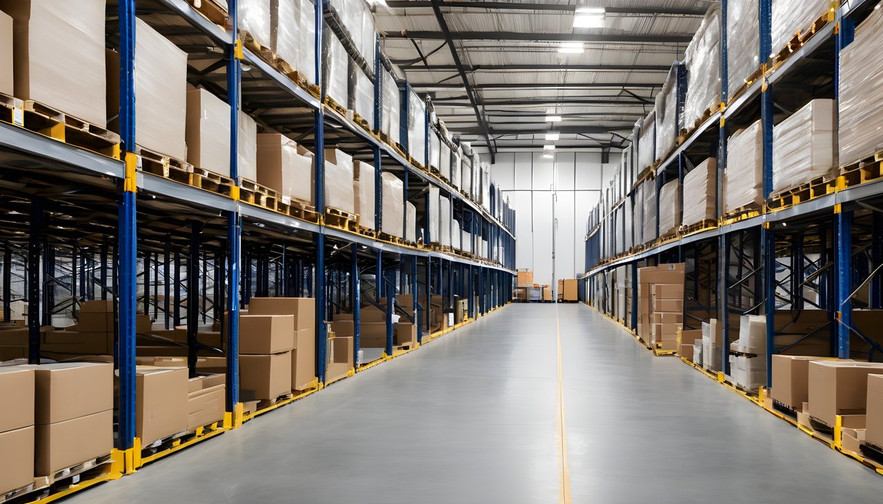 Orderly warehouse aisle of pallet-racked liquidation and clearance stock