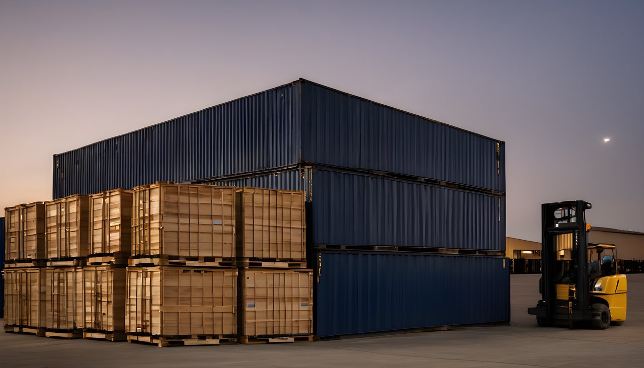 Navy shipping containers and export crates on a dusk loading dock — import and bulk wholesale