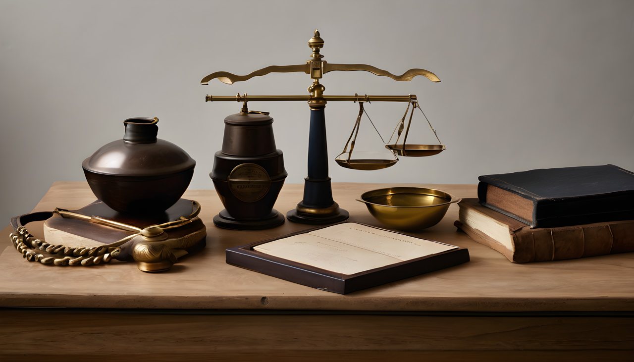 Brass balance scale and leather ledgers on a trade desk — commercial broker work