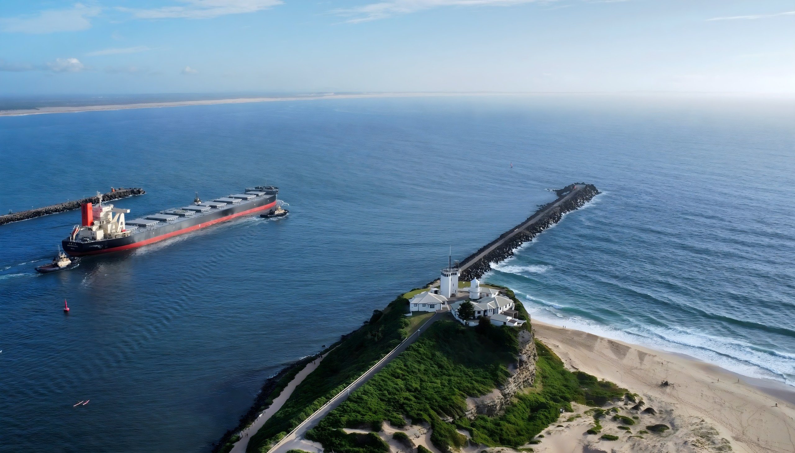 Newcastle NSW harbour entrance — Nobbys Head lighthouse and a coal ship leaving port, Austral Prime's home city