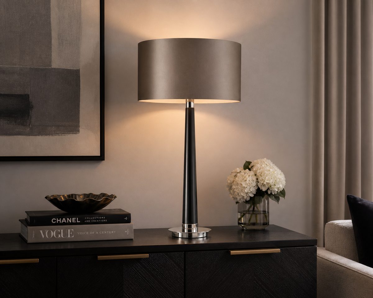 Casa Bella Corvina table lamp — walnut-effect base with taupe drum shade