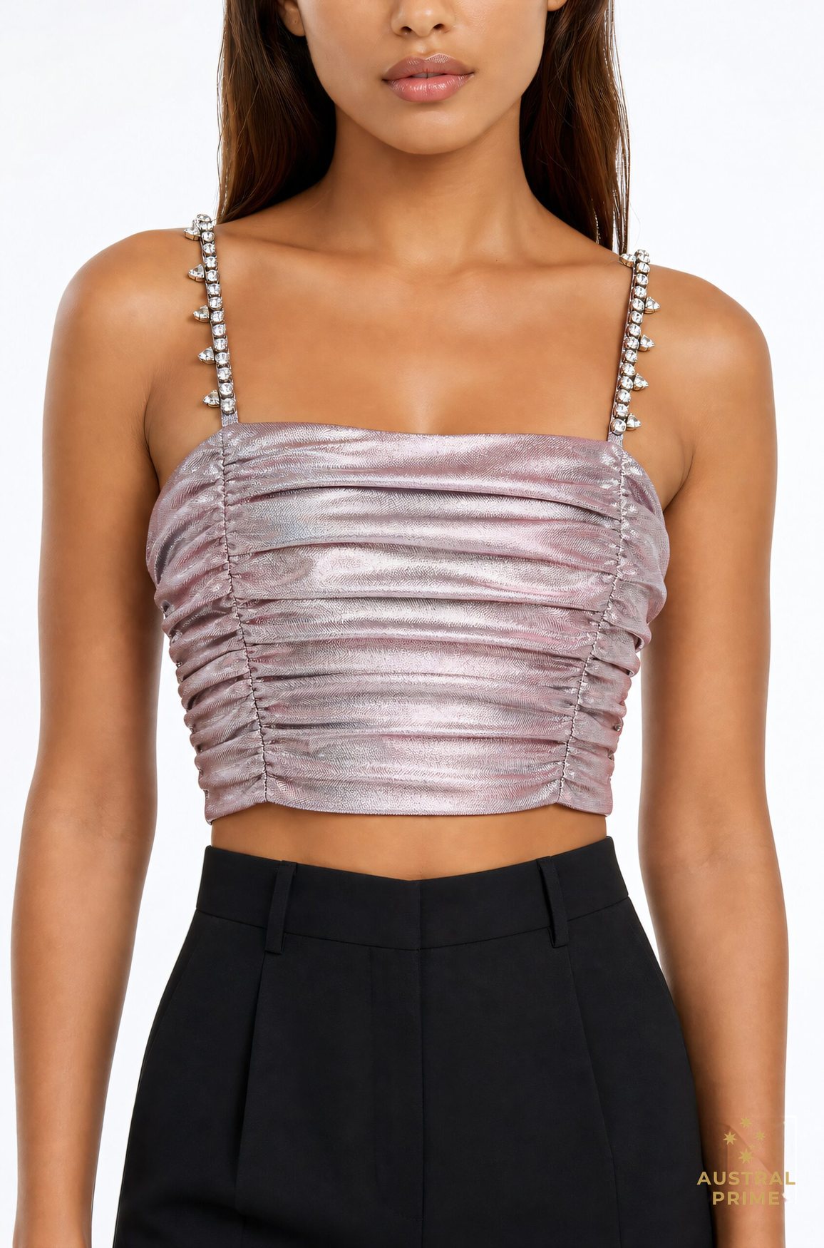 Area NYC Crystal Spike Ruched Top in pink silver — image 1 of 4