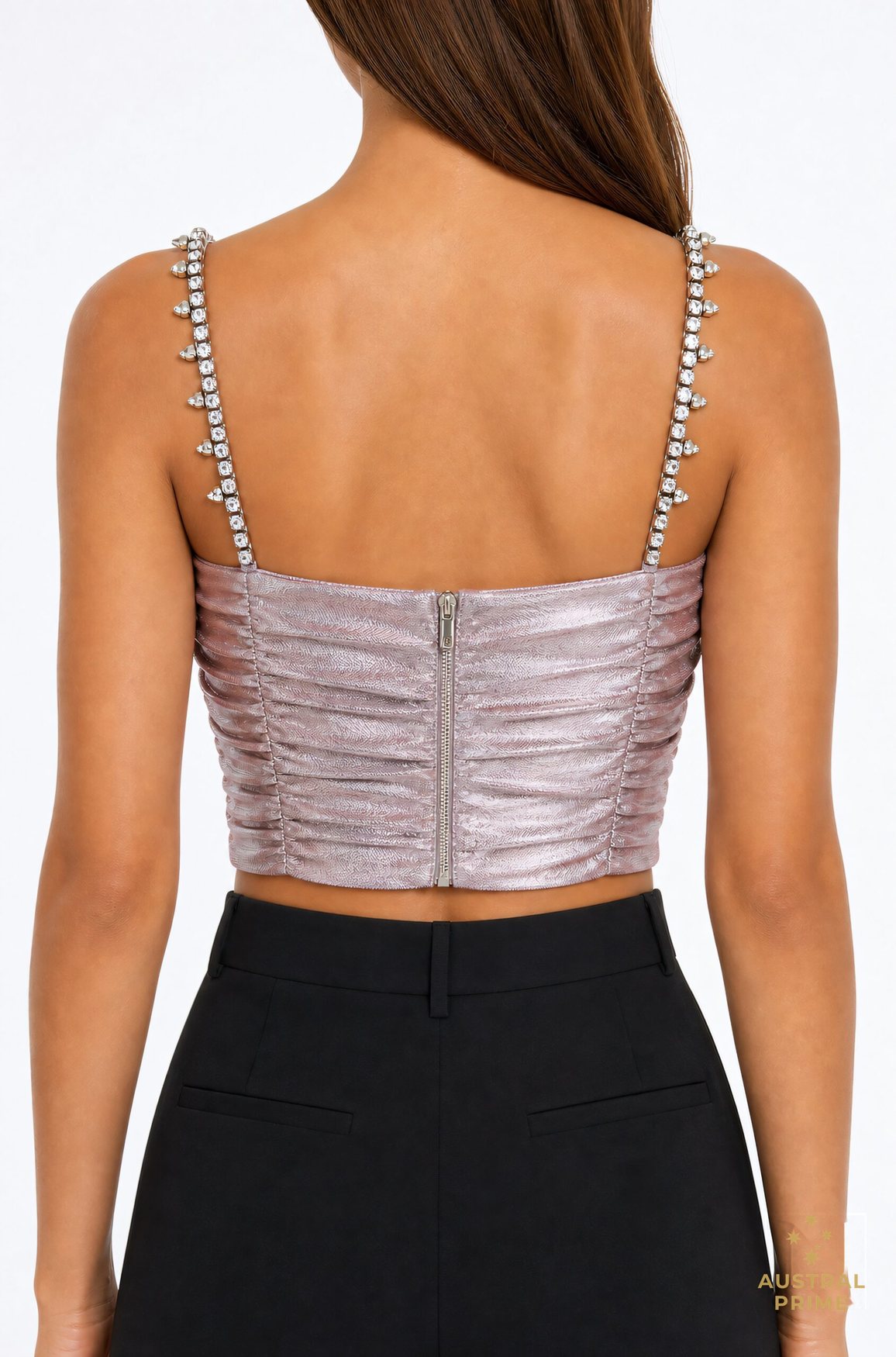 Area NYC Crystal Spike Ruched Top in pink silver — image 2 of 4