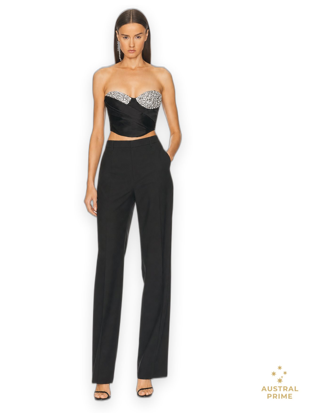 Area NYC Embroidered Crystal Cup Draped Bustier in black — image 1 of 2