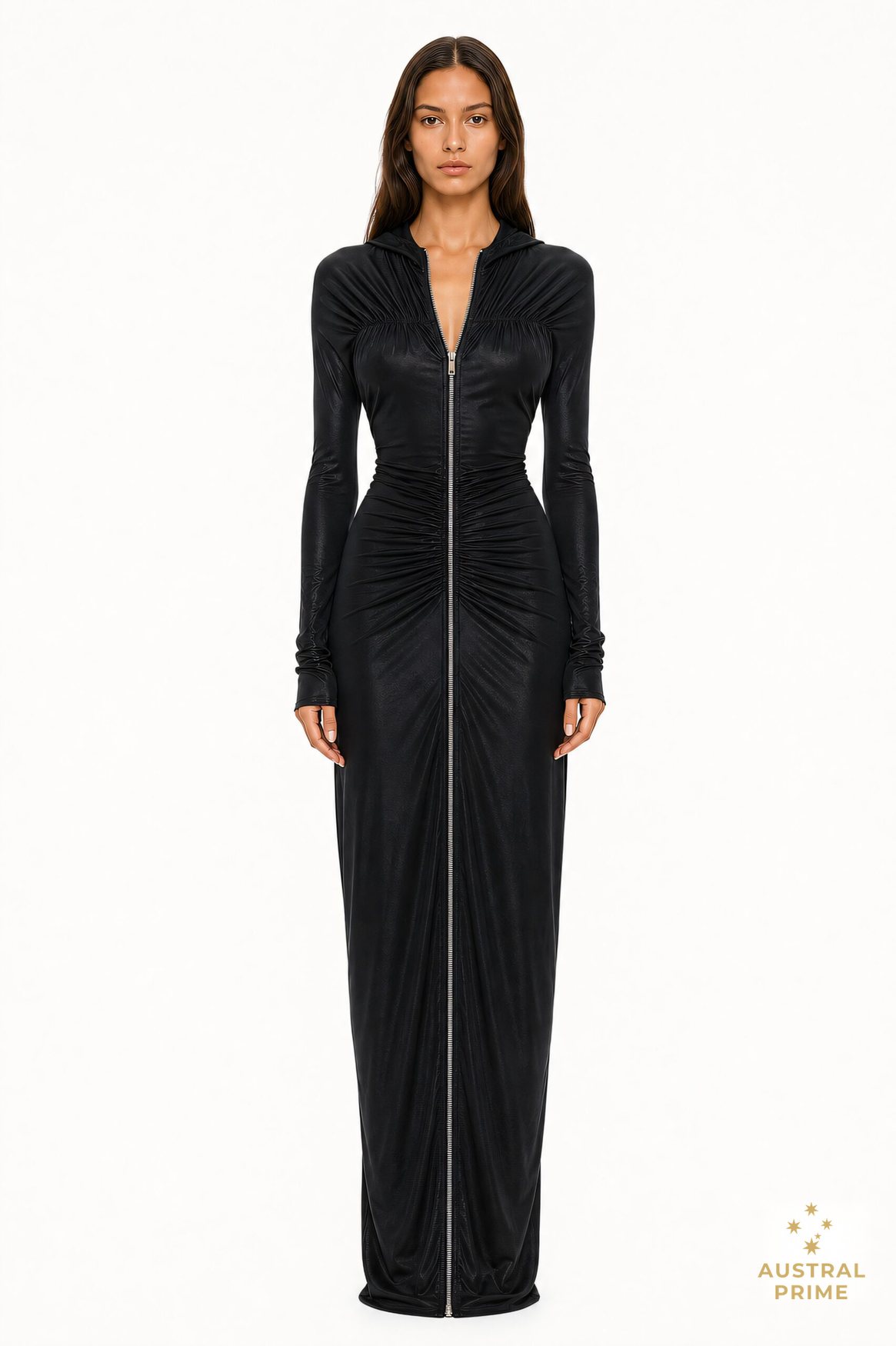 Atlein Zip Detail Hooded Ruched Gown — Black