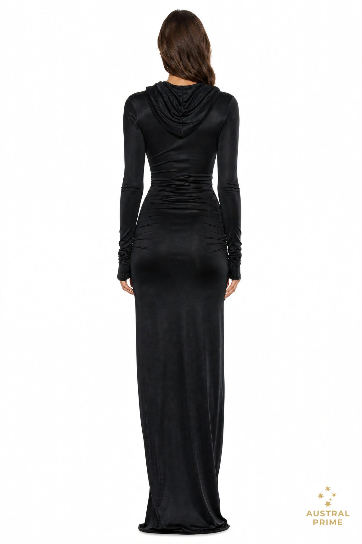 Atlein Zip Detail Hooded Ruched Gown in black — image 2 of 4