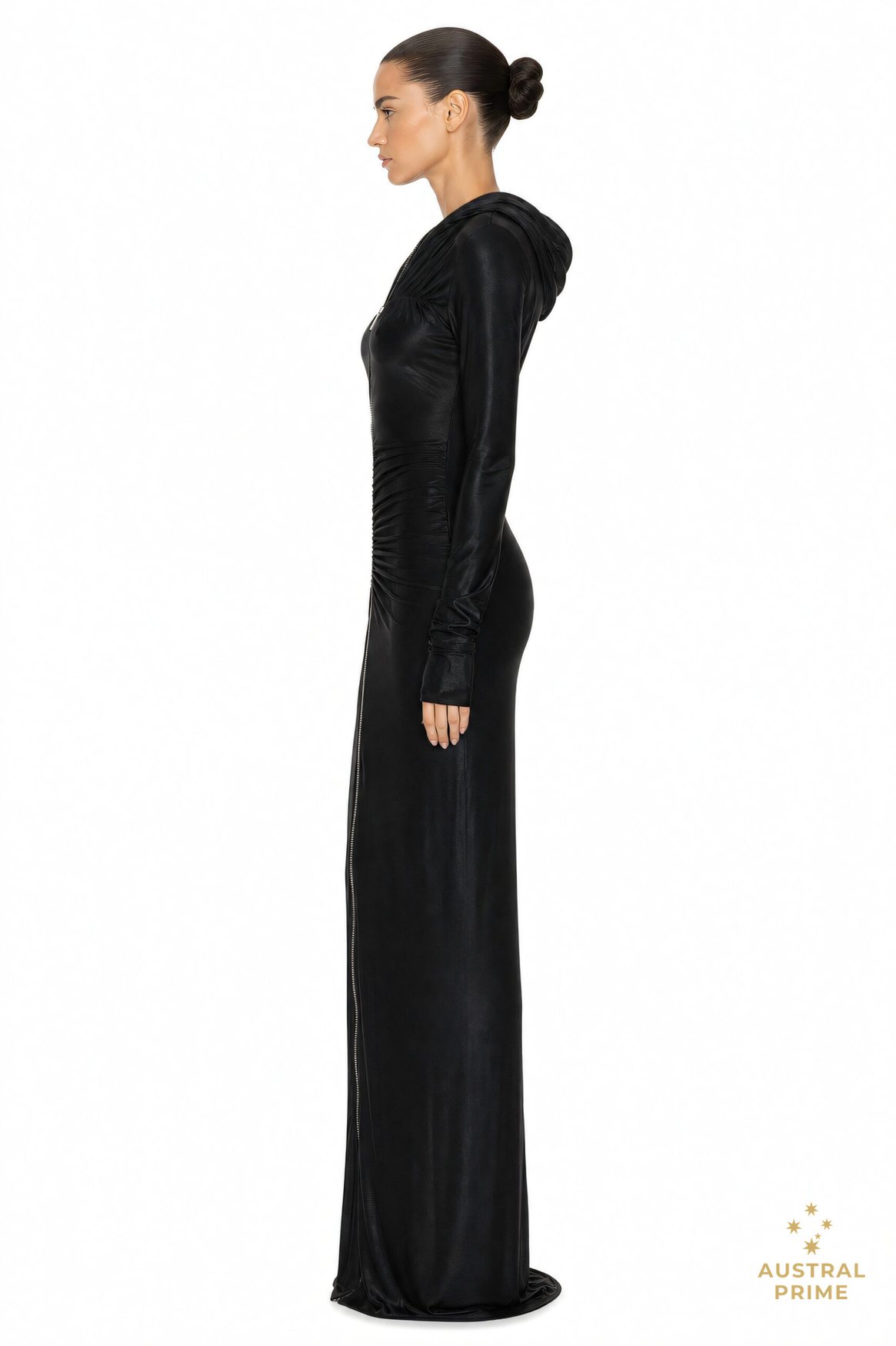 Atlein Zip Detail Hooded Ruched Gown in black — image 3 of 4