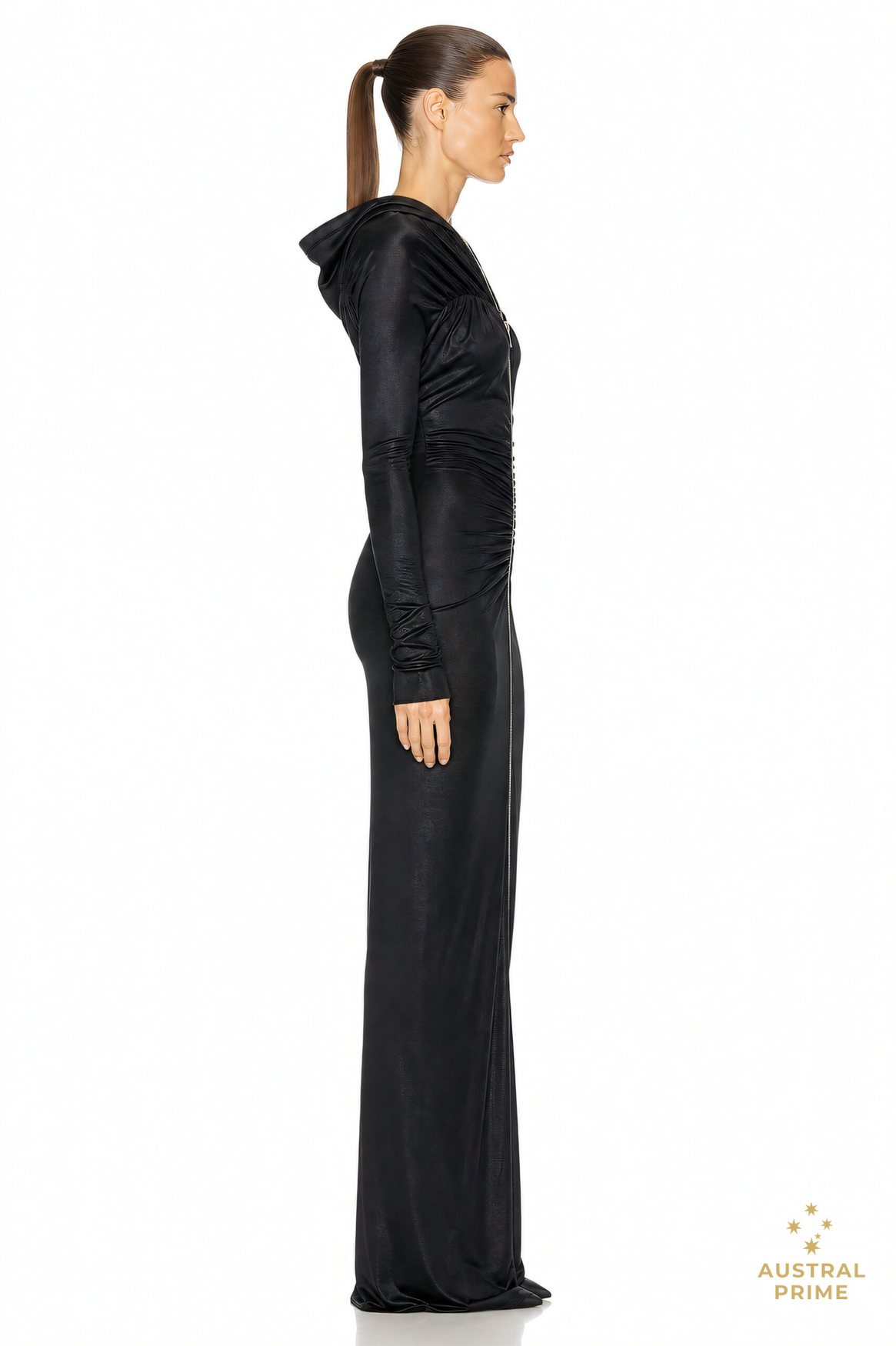 Atlein Zip Detail Hooded Ruched Gown in black — image 4 of 4
