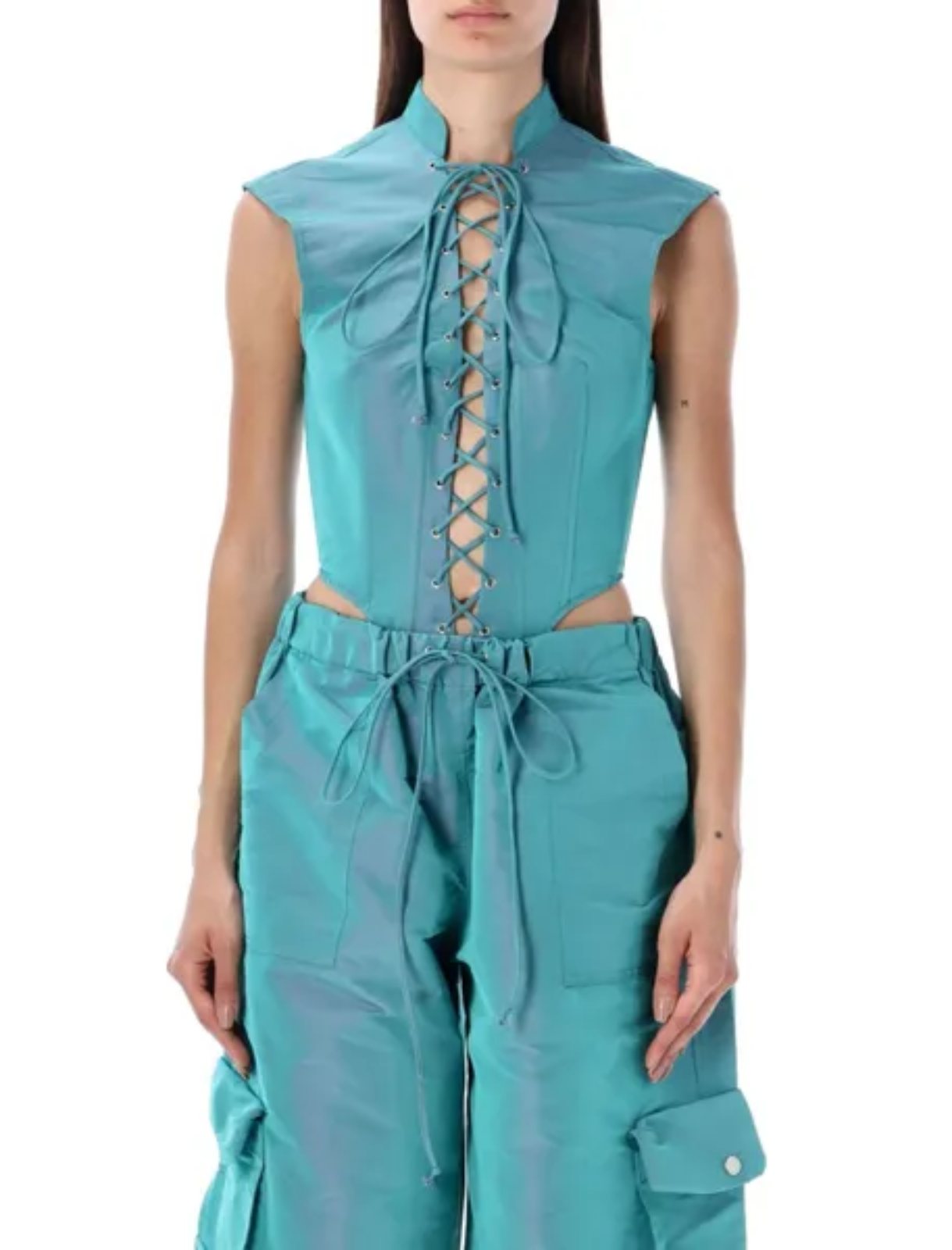 LaQuan Smith Utility Bodysuit with Lace Up Detail in aqua — image 3 of 5