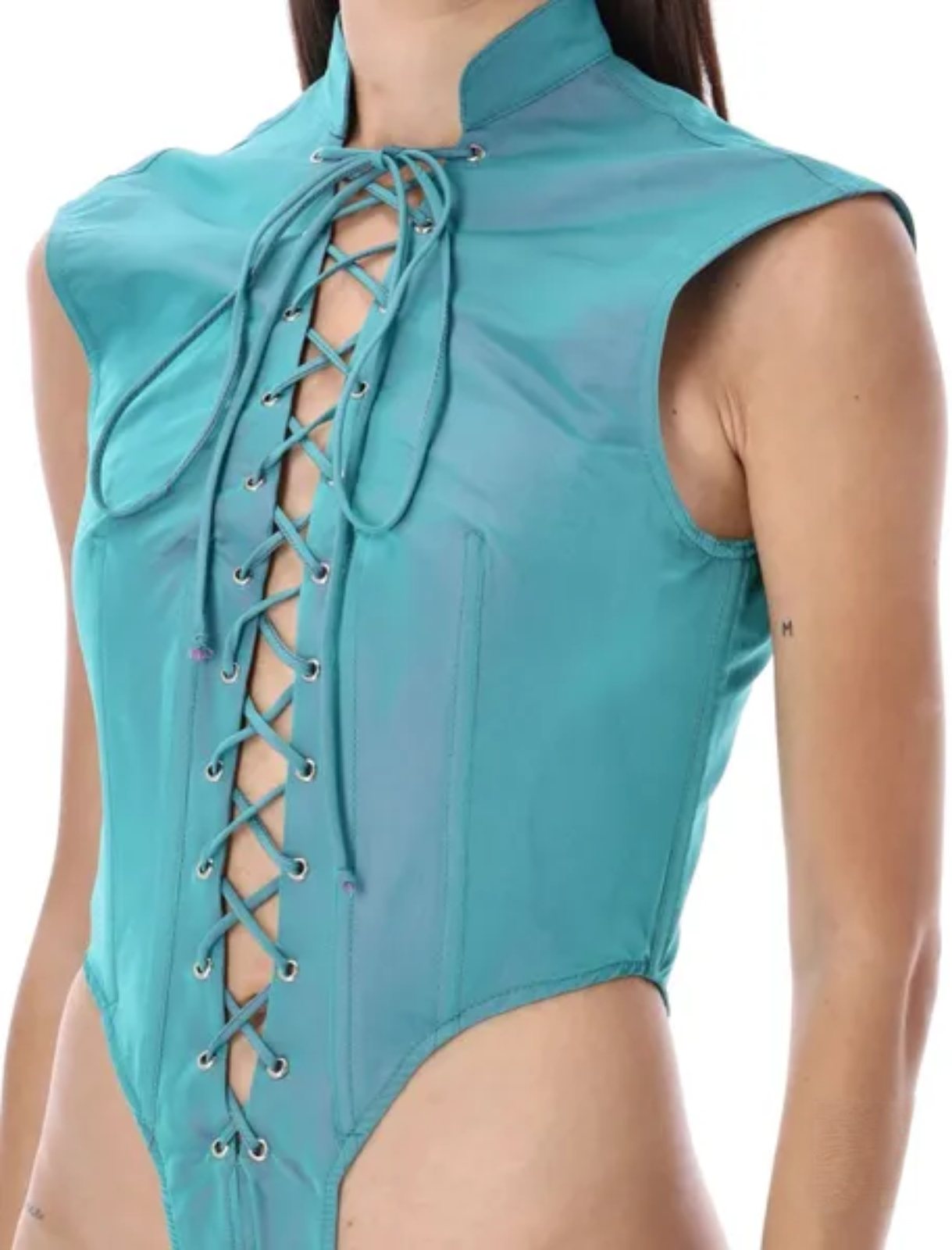 LaQuan Smith Utility Bodysuit with Lace Up Detail in aqua — image 4 of 5