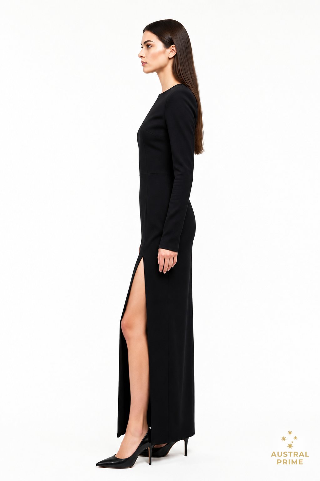 Monot Asymmetric V Neck Long Sleeve Maxi Dress in black — image 2 of 3