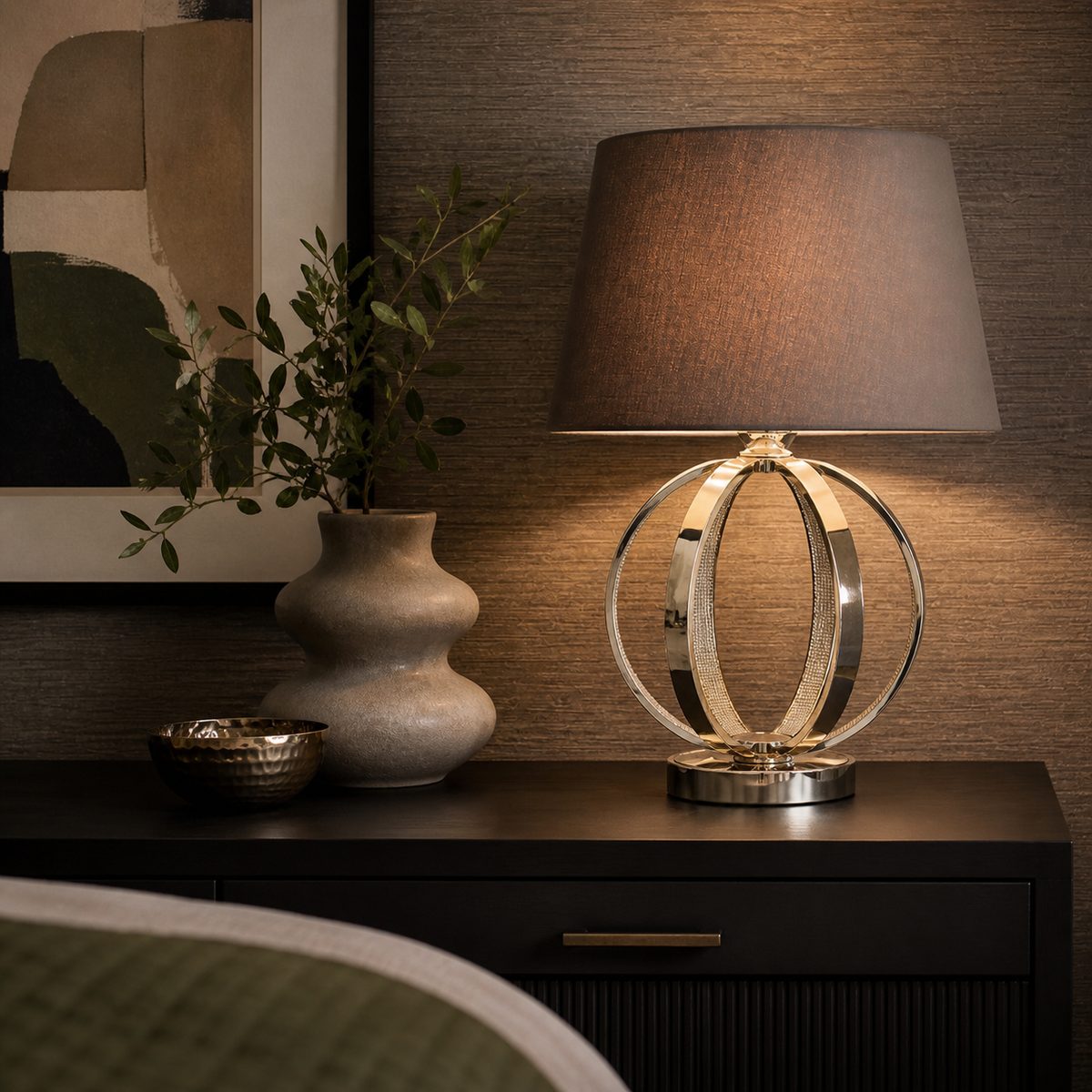 Gallery Direct Ritz table lamp — bright nickel base with charcoal shade