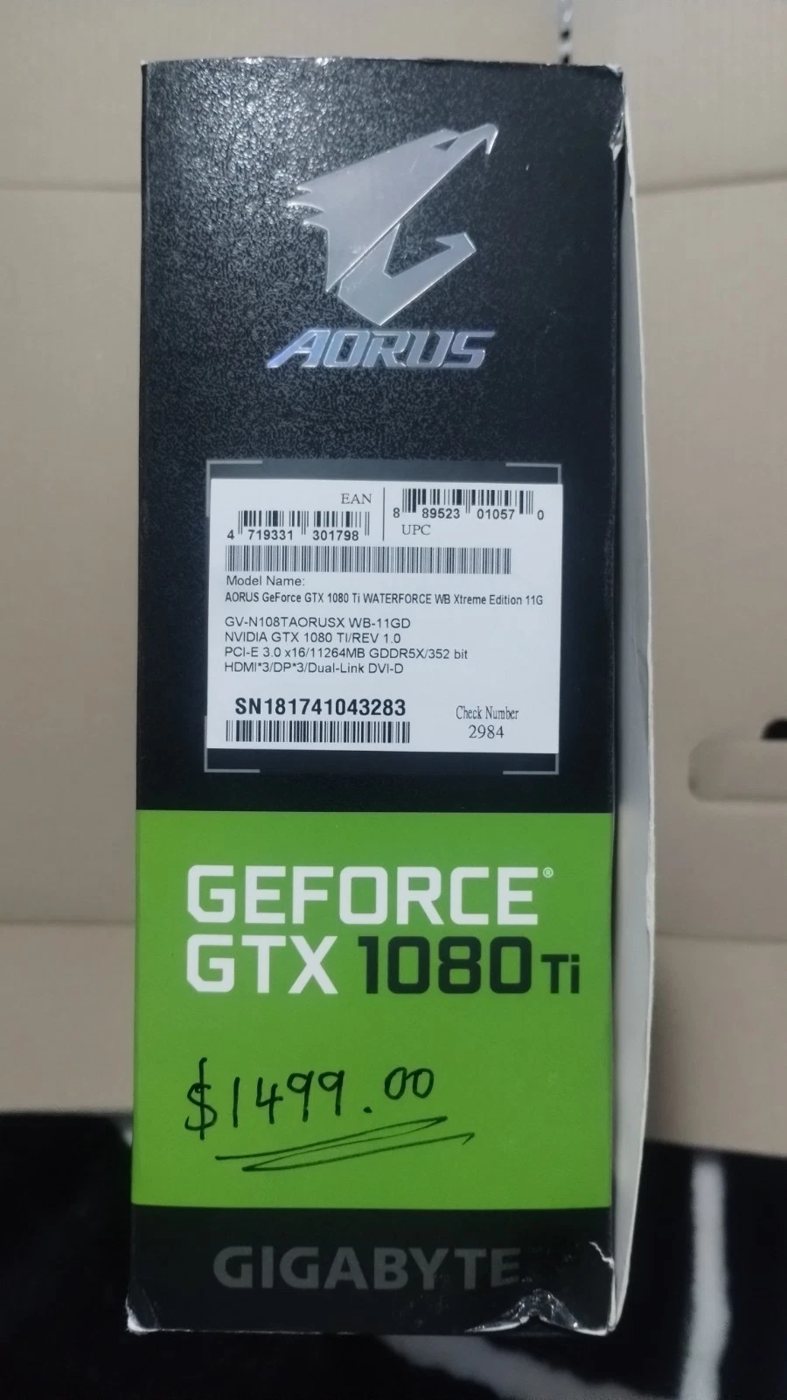 Box end label — model GV-N108TAORUSX WB-11GD and the original store price tag