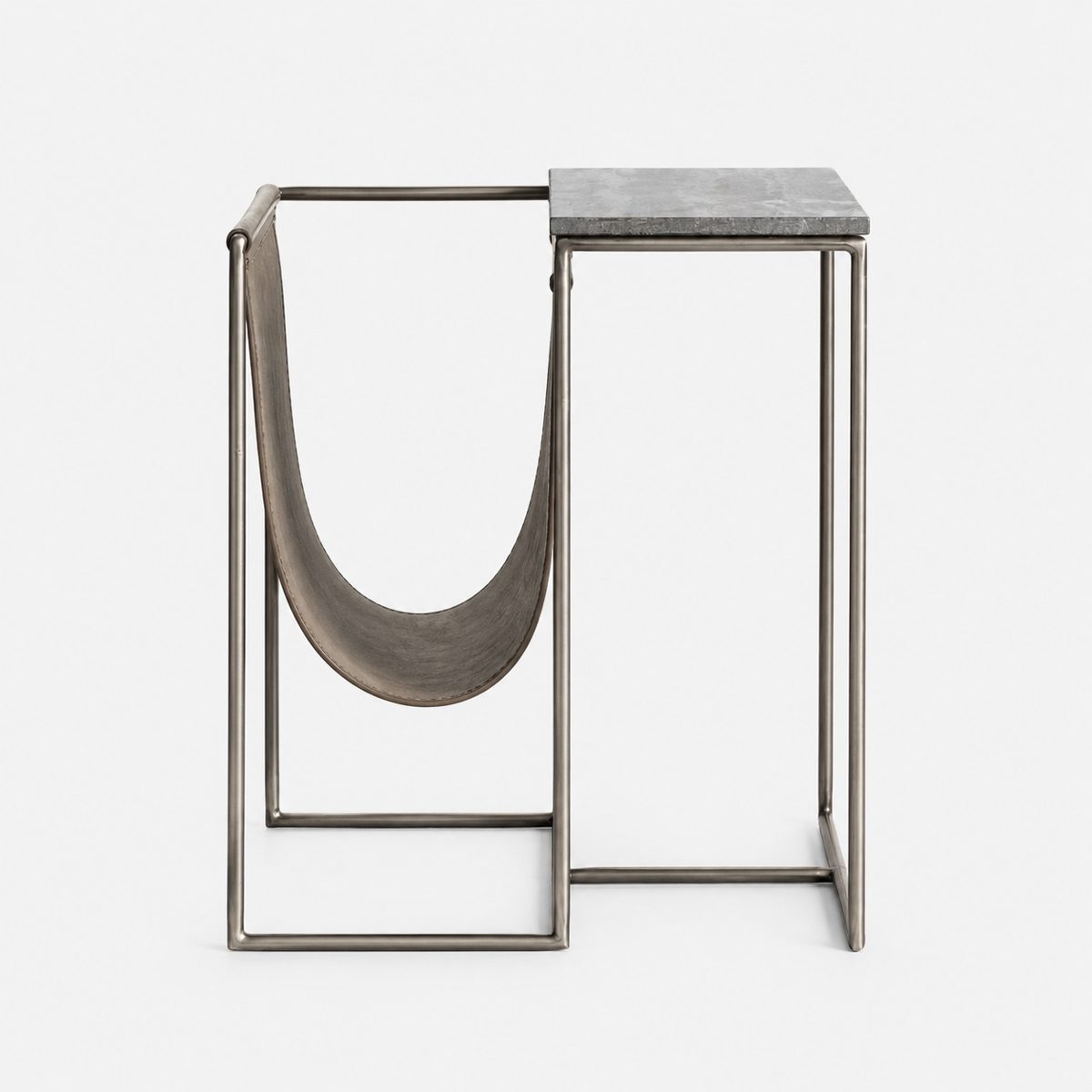 Kildare magazine side table — leather sling detail