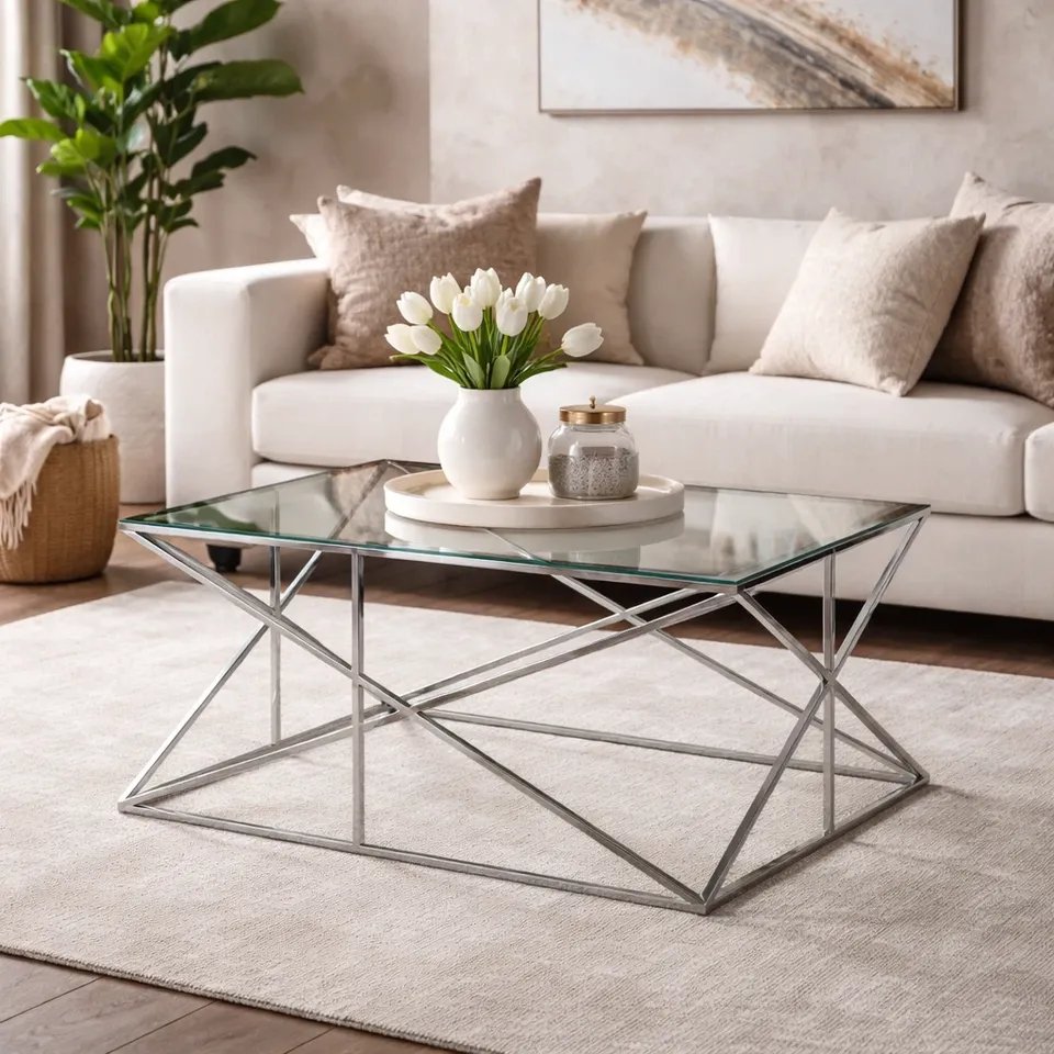 Illustrative styled living-room image of a glass-top steel-frame coffee table