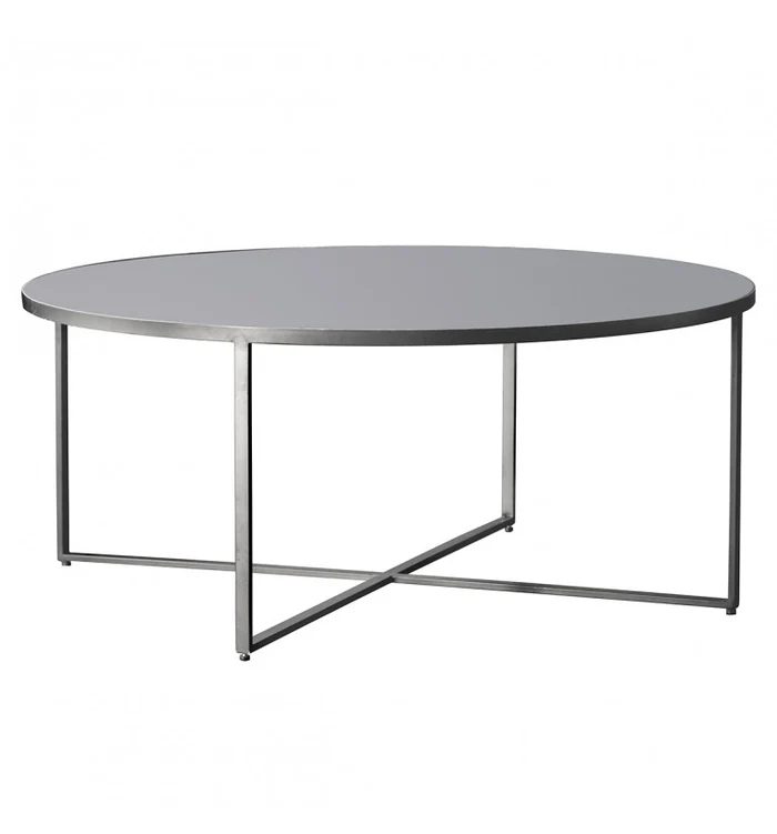 Torrance round side table — silver metal frame with smoke-grey glass top