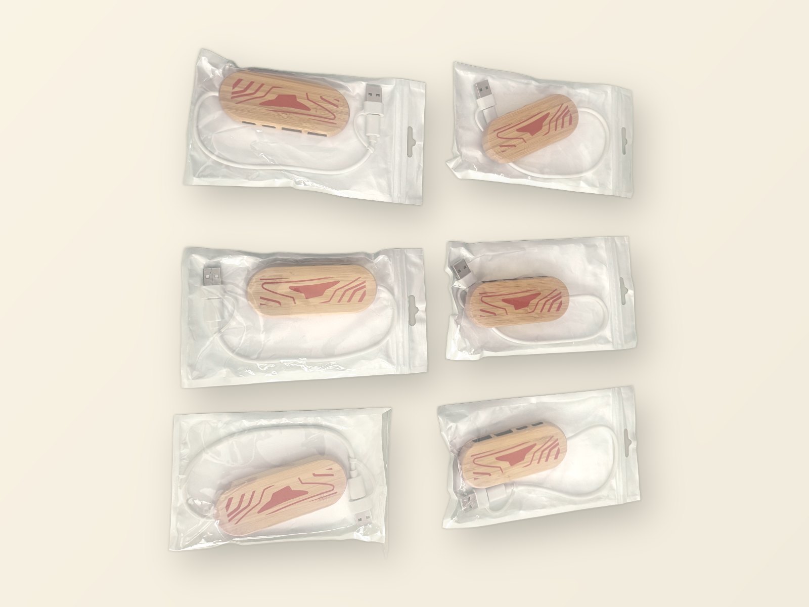 Six individually bagged hubs laid out, top-down
