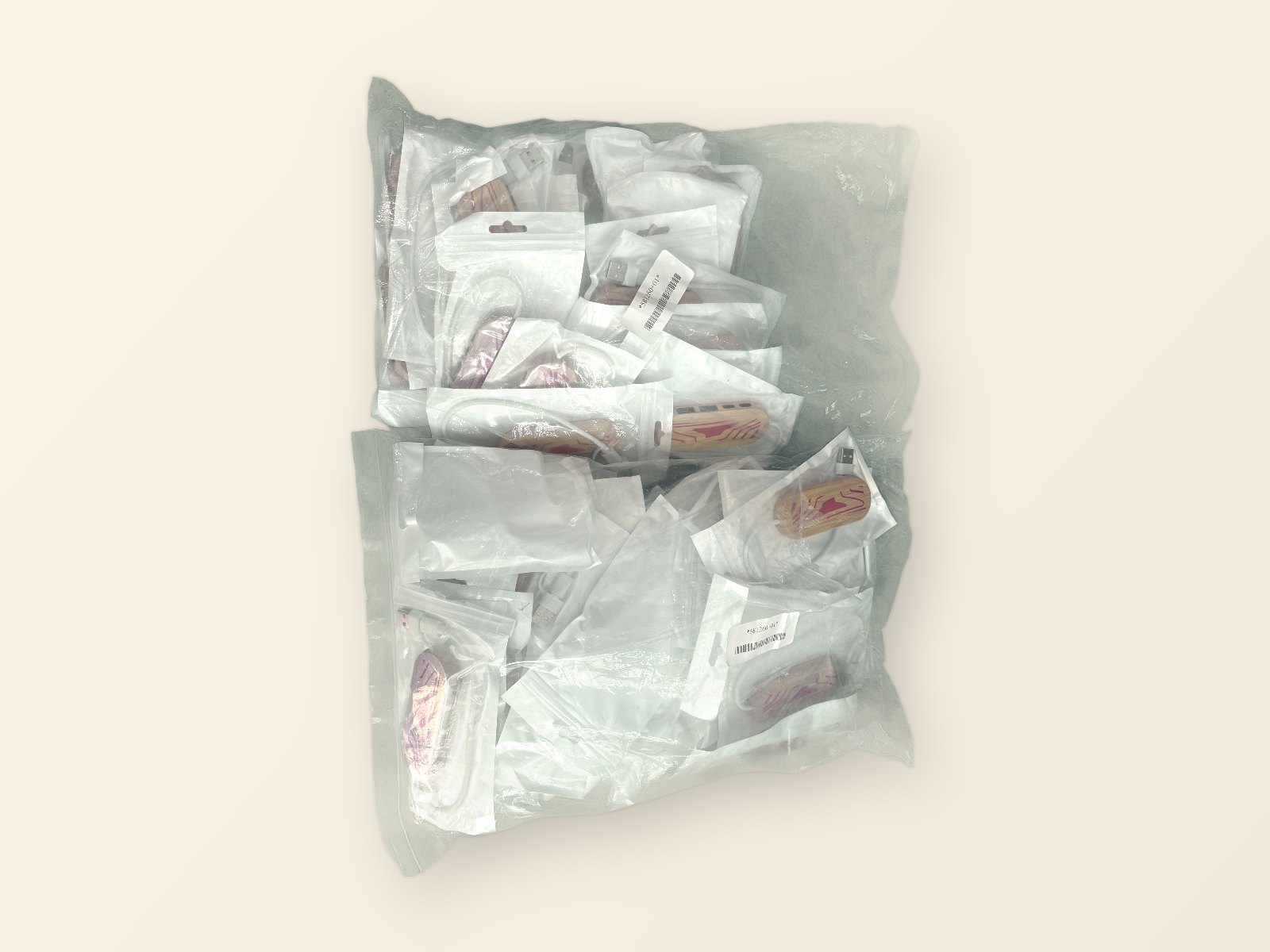 Bulk bag of individually bagged hubs, top-down