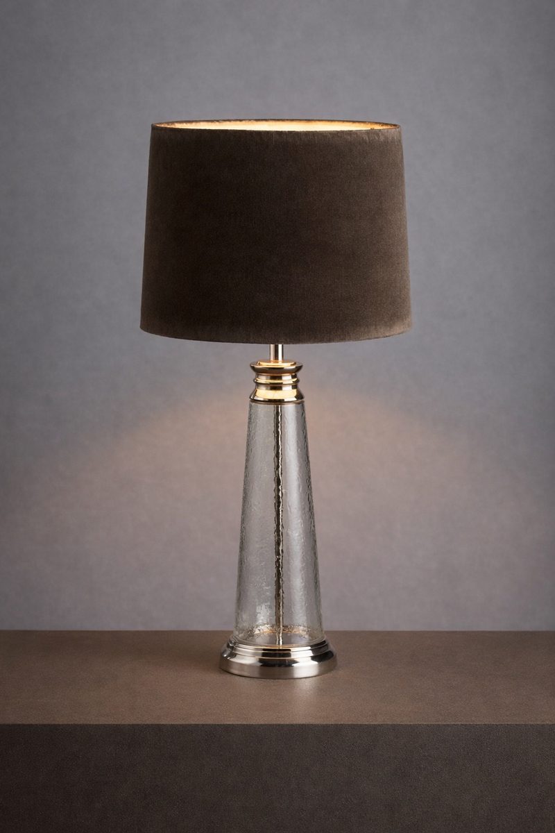 Gallery Direct Winslet table lamp — bright nickel with grey velvet shade