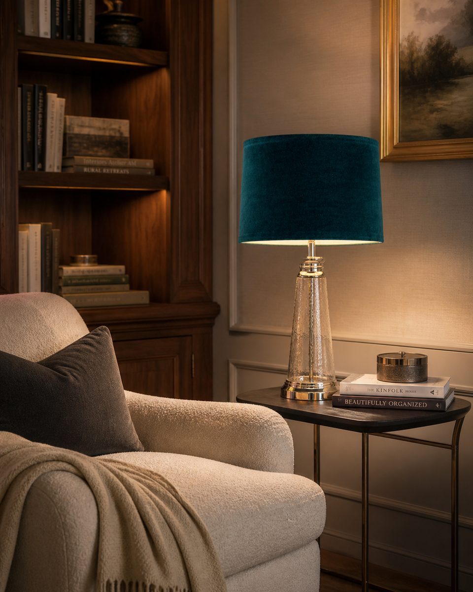 Gallery Direct Winslet table lamp — bright nickel with teal velvet shade