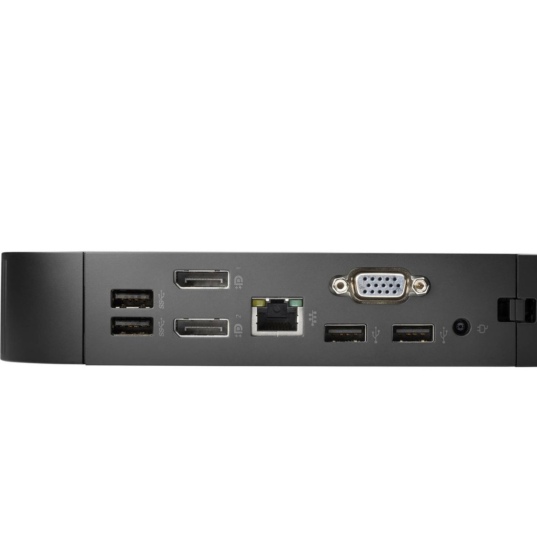HP t530 thin client rear I/O — two DisplayPort, Gigabit Ethernet, VGA, four USB and power