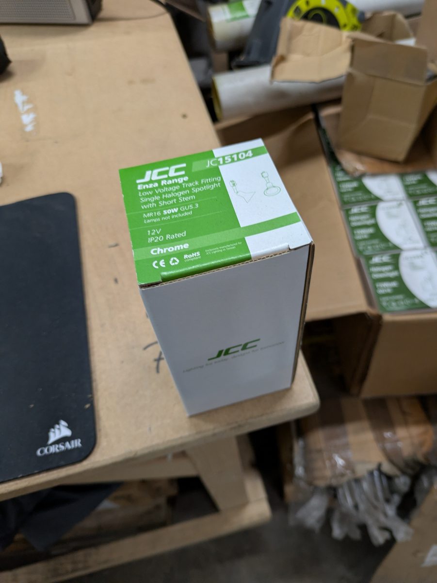 JCC JC15105 Enza LV track single halogen spotlight, long stem, chrome — surplus UK stock