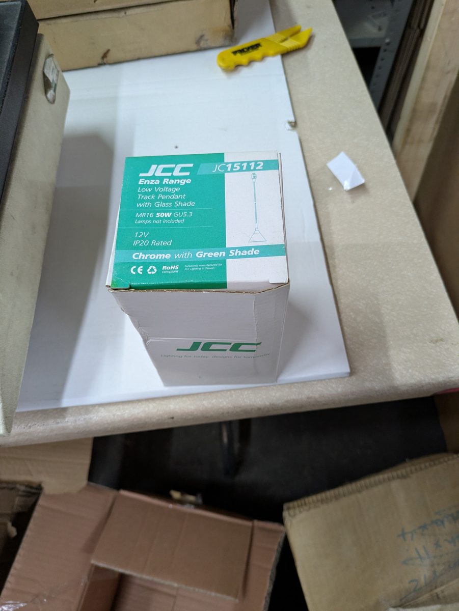 JCC JC15112 Enza LV track pendant with green glass shade — surplus UK stock