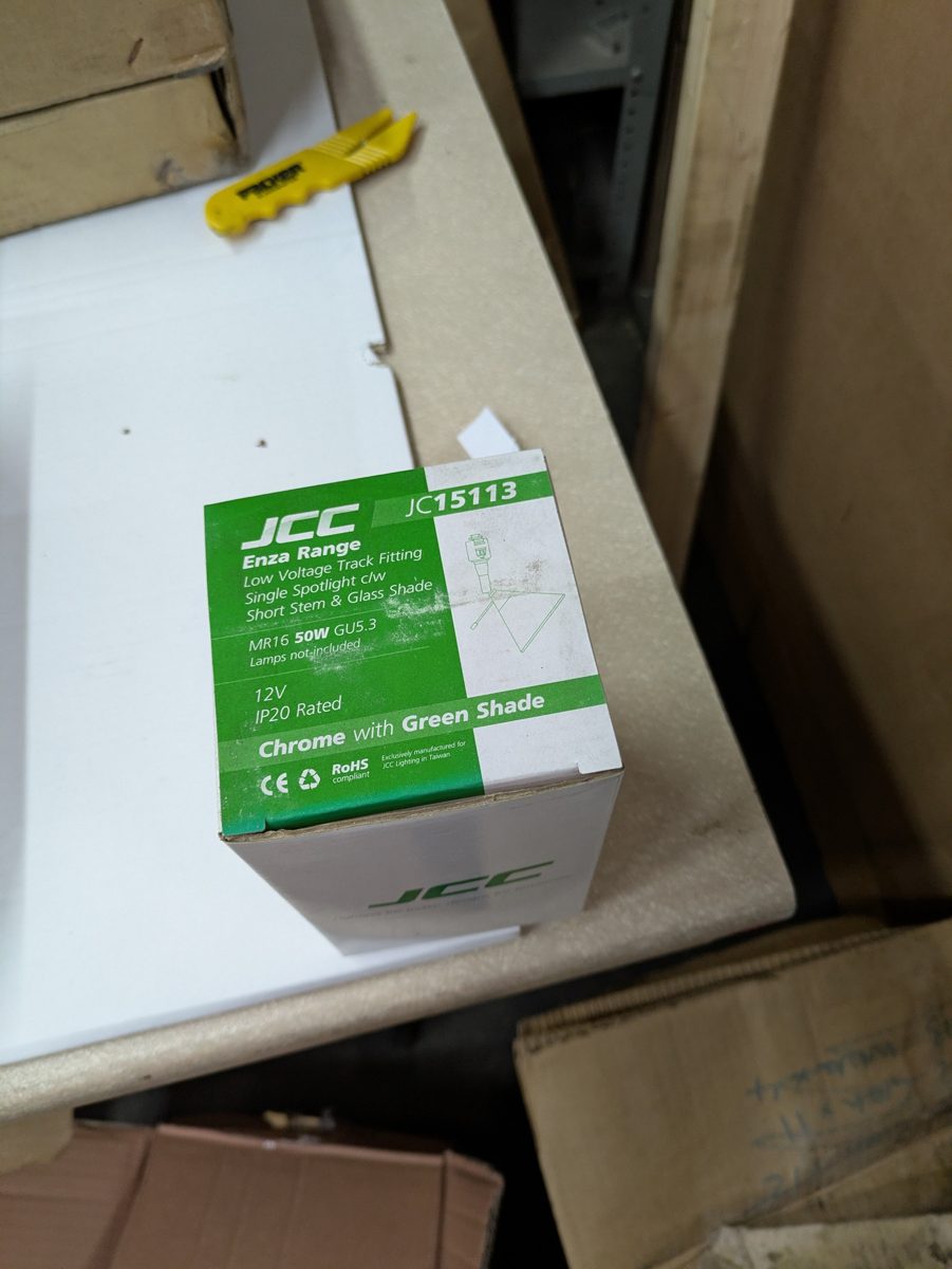 JCC JC15113 Enza LV track spotlight, short stem with green glass shade — surplus UK stock